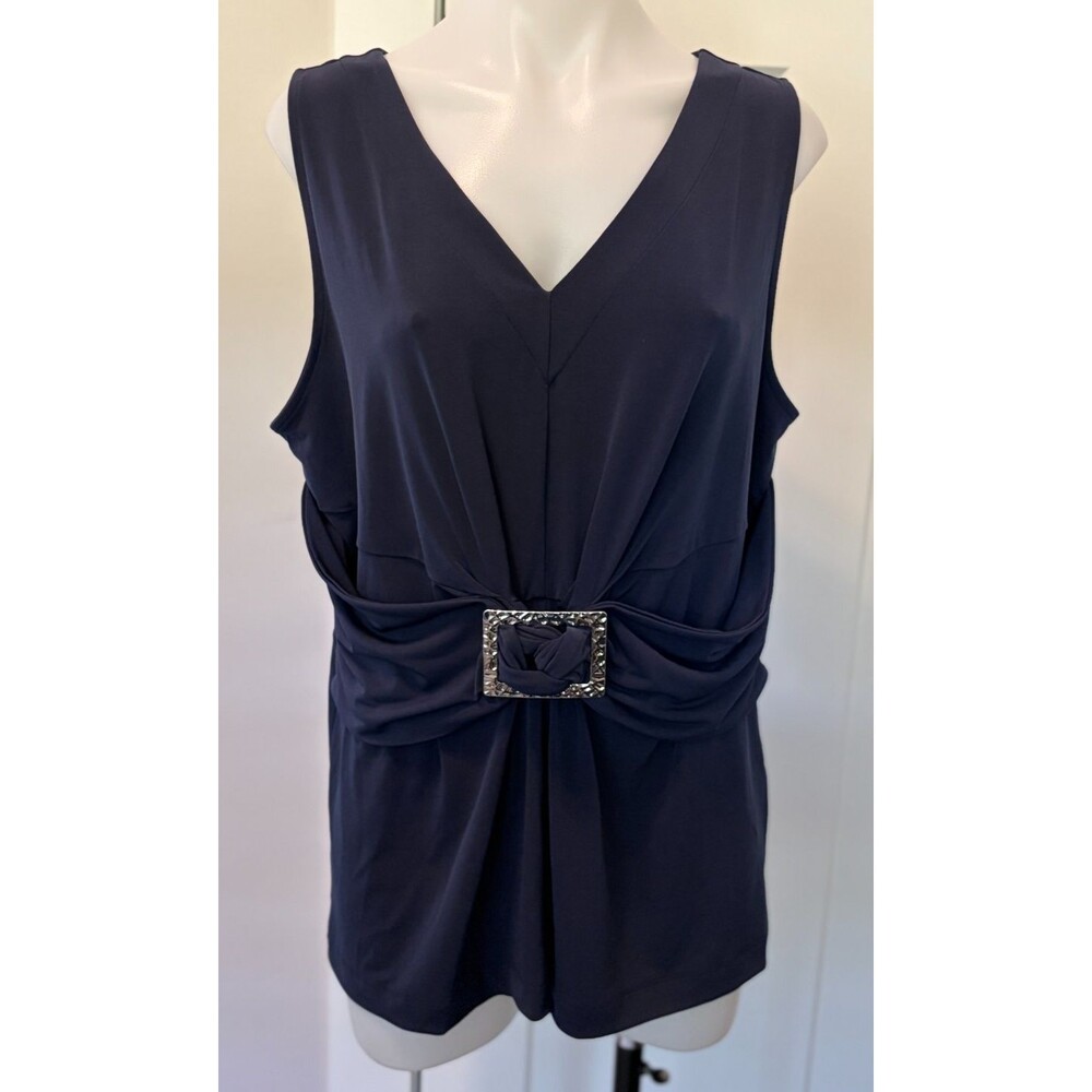 Chicos Womens TOP Sleeveless Blue w/ Silver Buckle V-Neck Sz 2 (L)